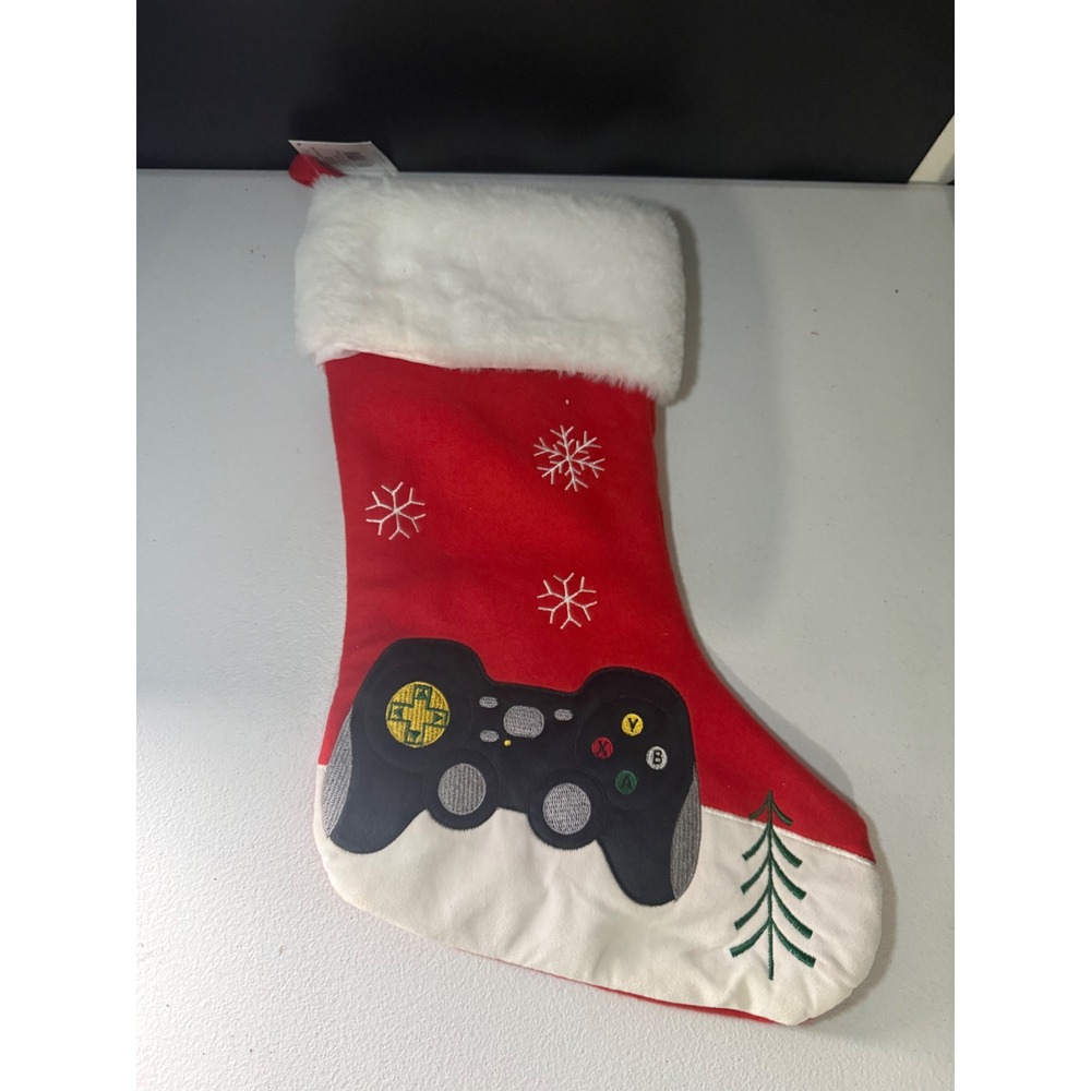 Gamer Video Game Controller Christmas Stocking Red Felt Faux Fur Trim 18 Inch